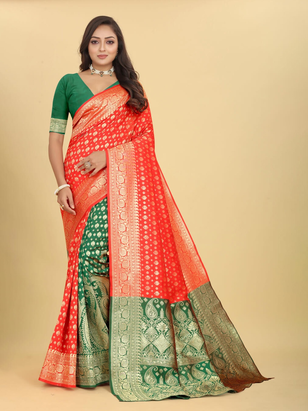 

VenderVilla Ethnic Motifs Woven Design Zari Half and Half Saree, Orange