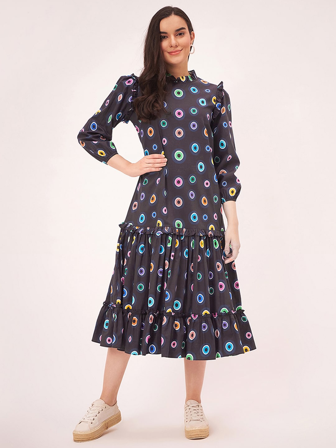 

First Resort by Ramola Bachchan Polka Dots Printed Ruffled A-Line Midi Dress, Black