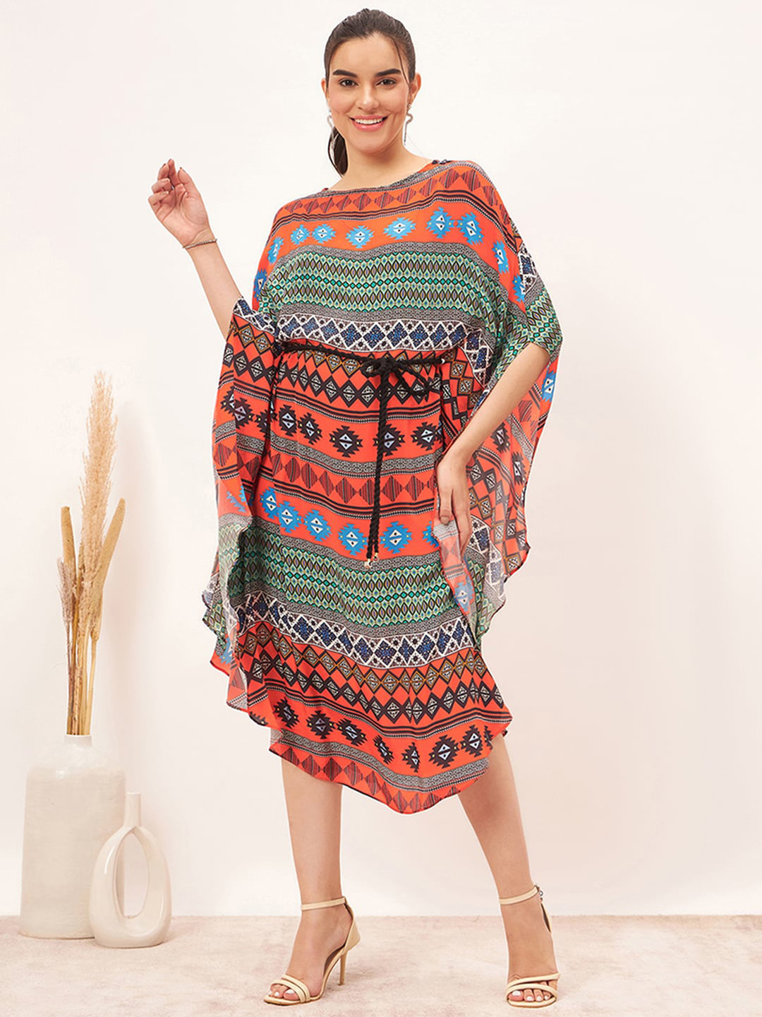 

First Resort by Ramola Bachchan Geometric Printed Kimono Sleeves Kaftan Midi Dress, Orange