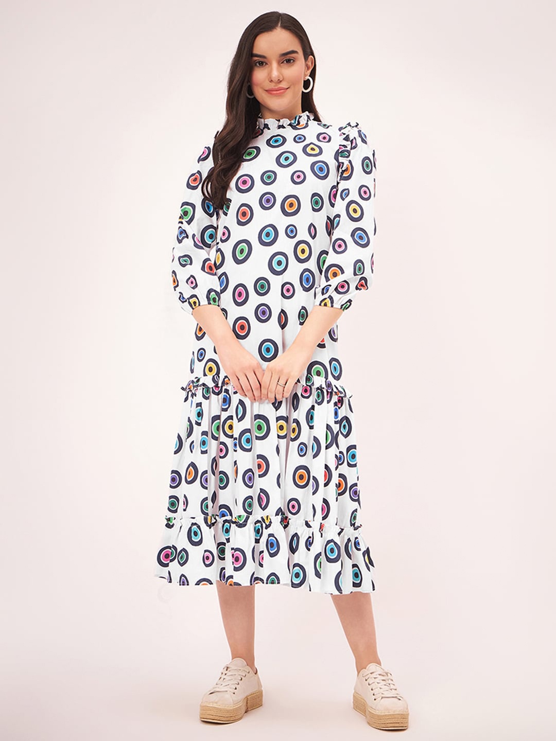 

First Resort by Ramola Bachchan Ethnic Motifs Print Ruffled A-Line Cotton Midi Dress, White