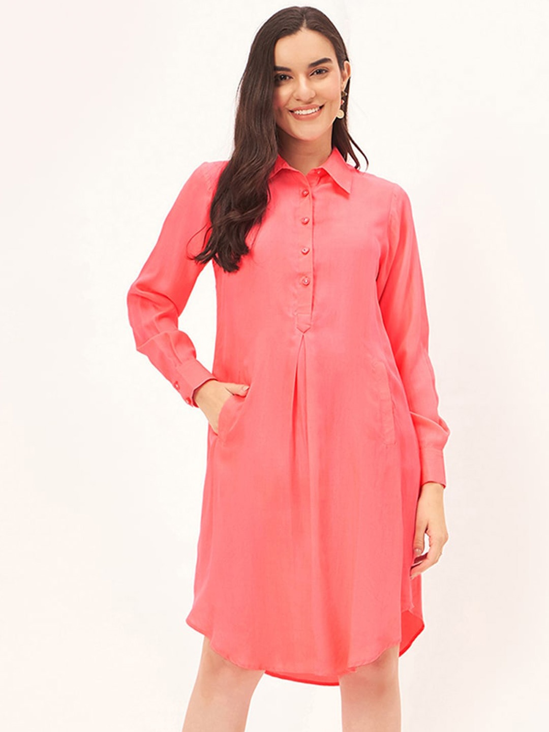 First Resort by Ramola Bachchan Shirt Collar Silk Casual Dress, Pink