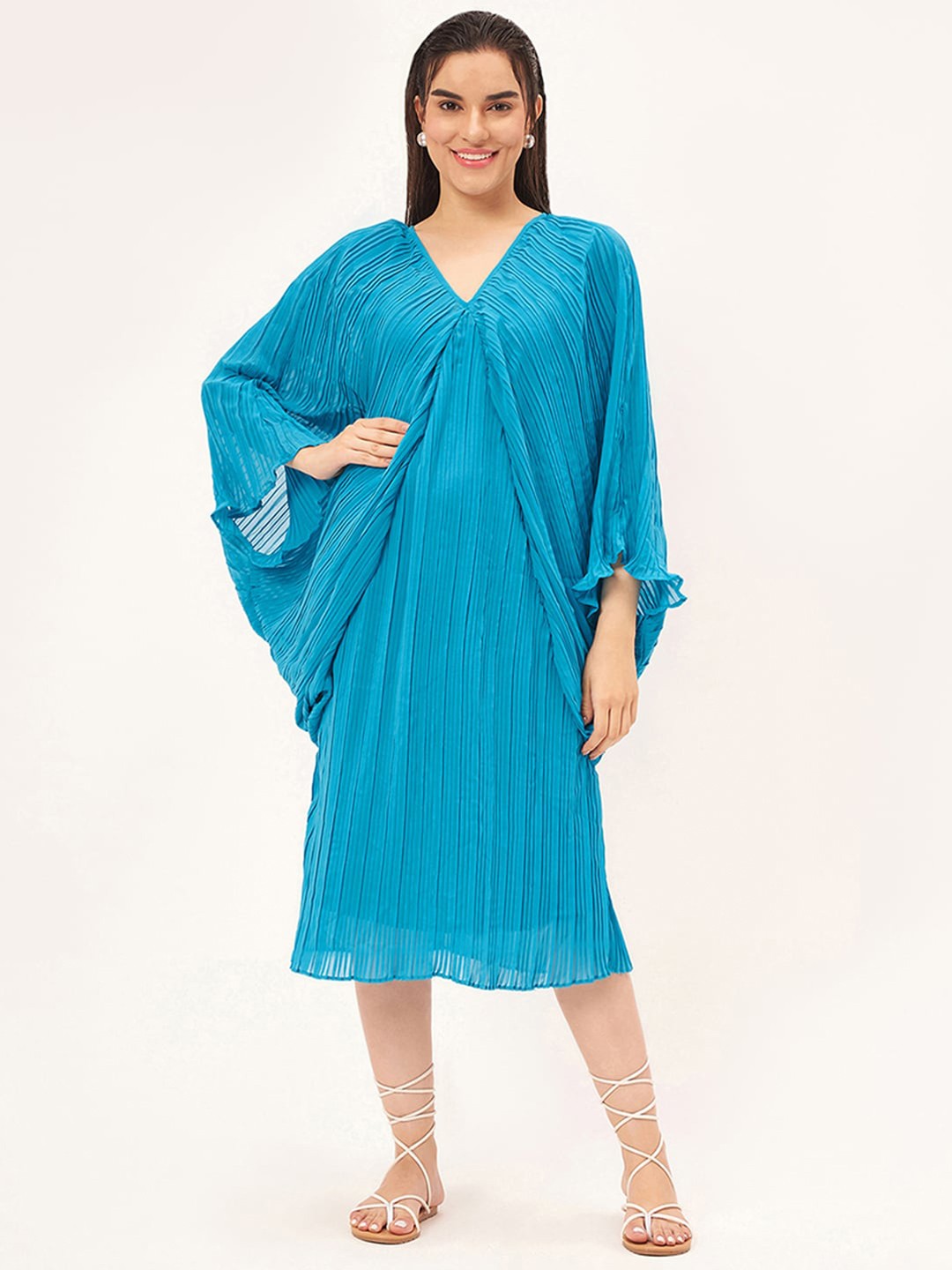 

First Resort by Ramola Bachchan V-Neck Three-Quarter Sleeves Chiffon A-Line Midi Dress, Turquoise blue
