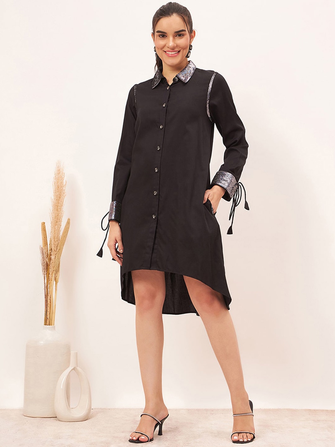 

First Resort by Ramola Bachchan Shirt Collar Sequined Cotton Shirt Dress, Black