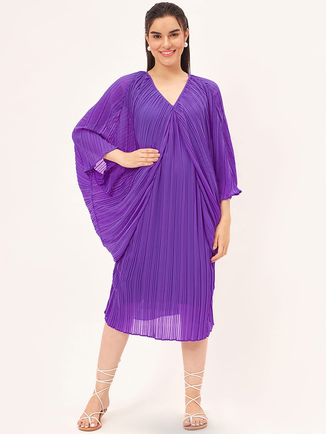 First Resort by Ramola Bachchan V-Neck Flared Sleeve Pleated A-Line Kaftan Dress, Purple