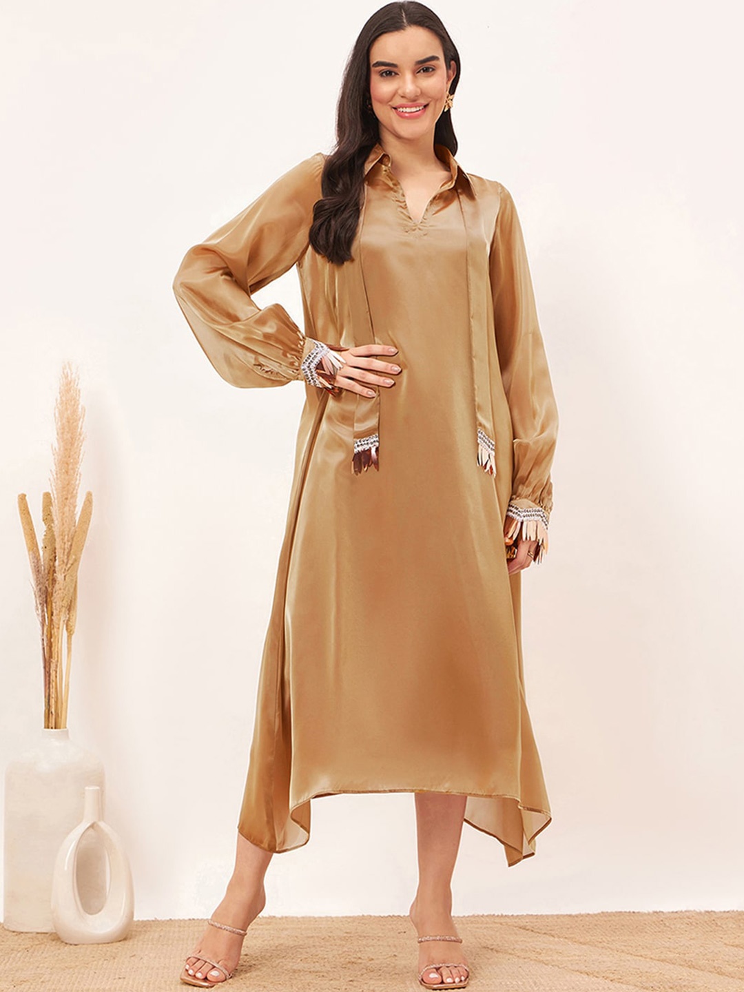 

First Resort by Ramola Bachchan Satin A-Line Maxi Dress With Bead Lace Detail & Slip, Brown