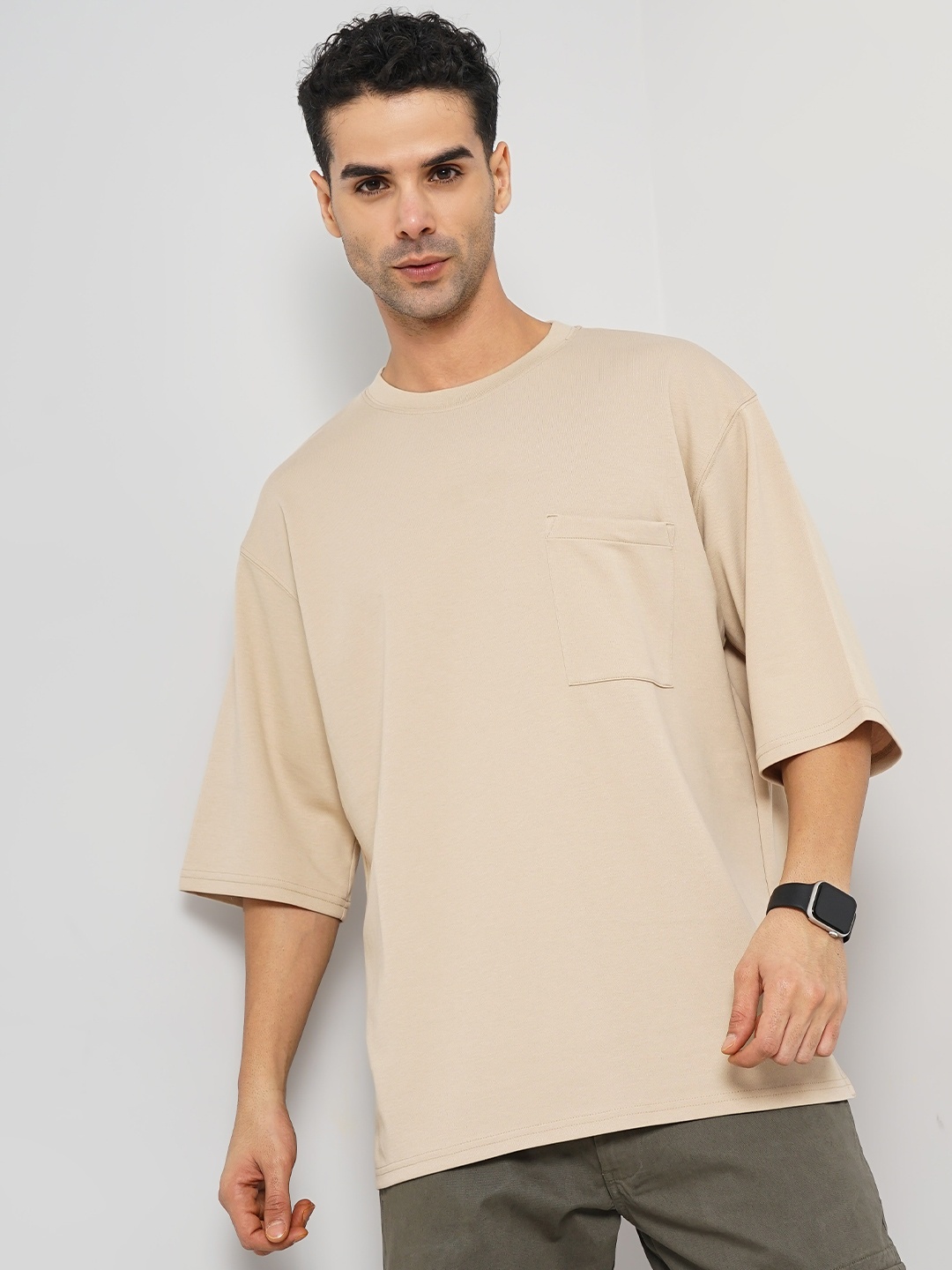 

Celio Round Neck Pure Cotton Oversized T-shirt, Beige