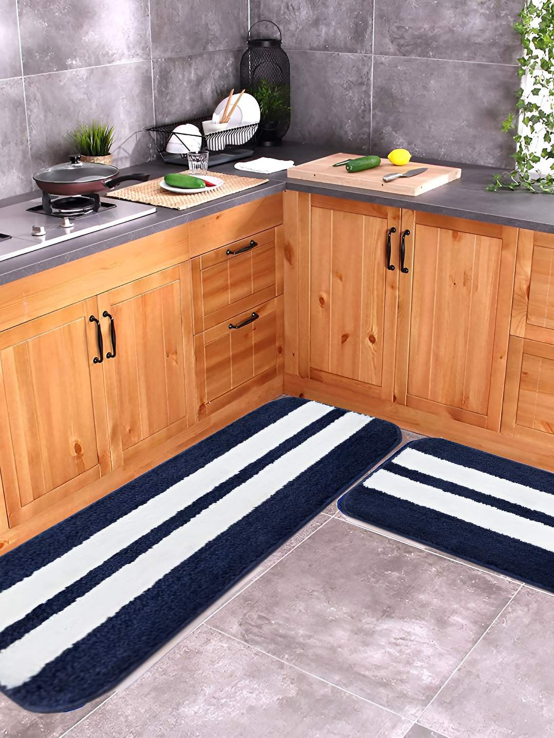

Bajo's Navy Blue & White 2 Pcs Super Soft Striped Mat & Runner With Anti Skid Backing