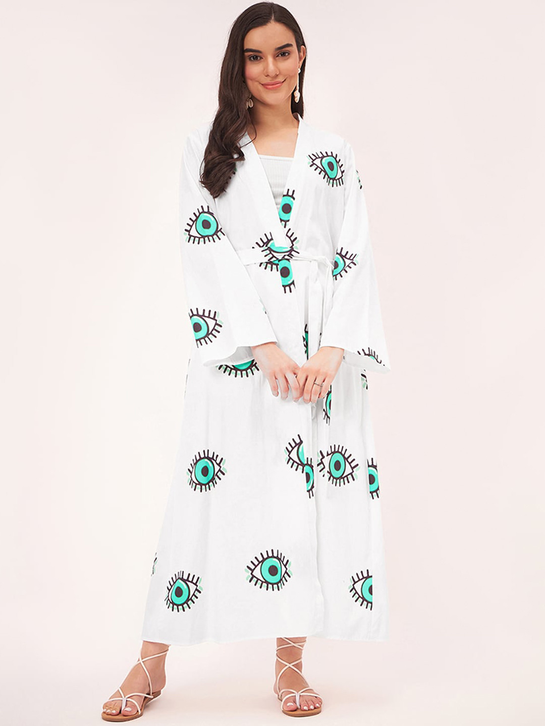 

First Resort by Ramola Bachchan Conversational Printed Cotton Longline Shrug With Belt, White