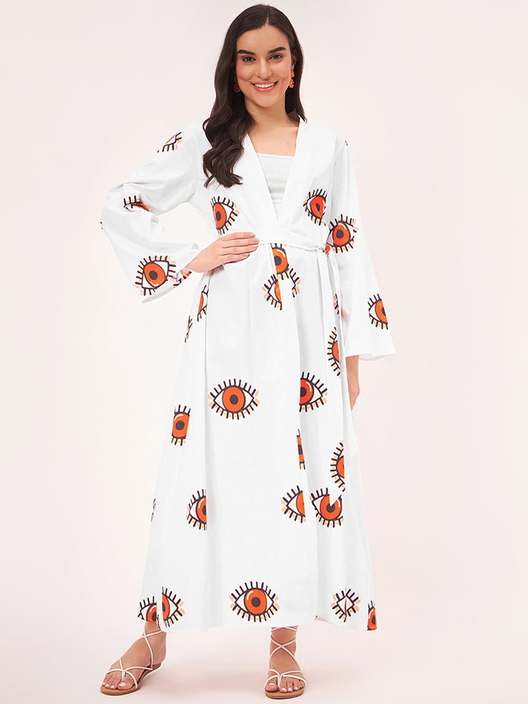 First Resort by Ramola Bachchan Conversational Printed Cotton Longline Shrug With Belt, White