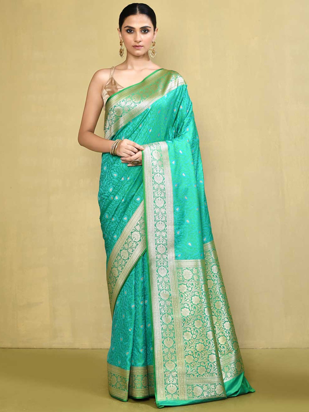 

Rasm by Muskaan Woven Design Zari Banarasi Saree, Sea green