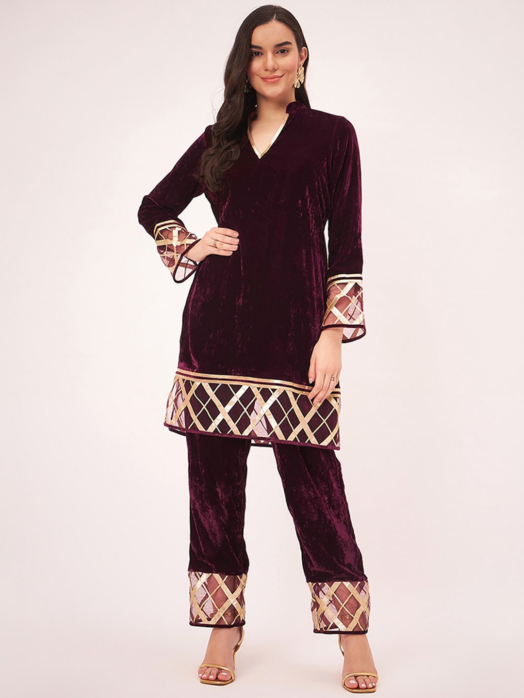 

First Resort by Ramola Bachchan Velvet Straight Kurta With Trouser, Maroon