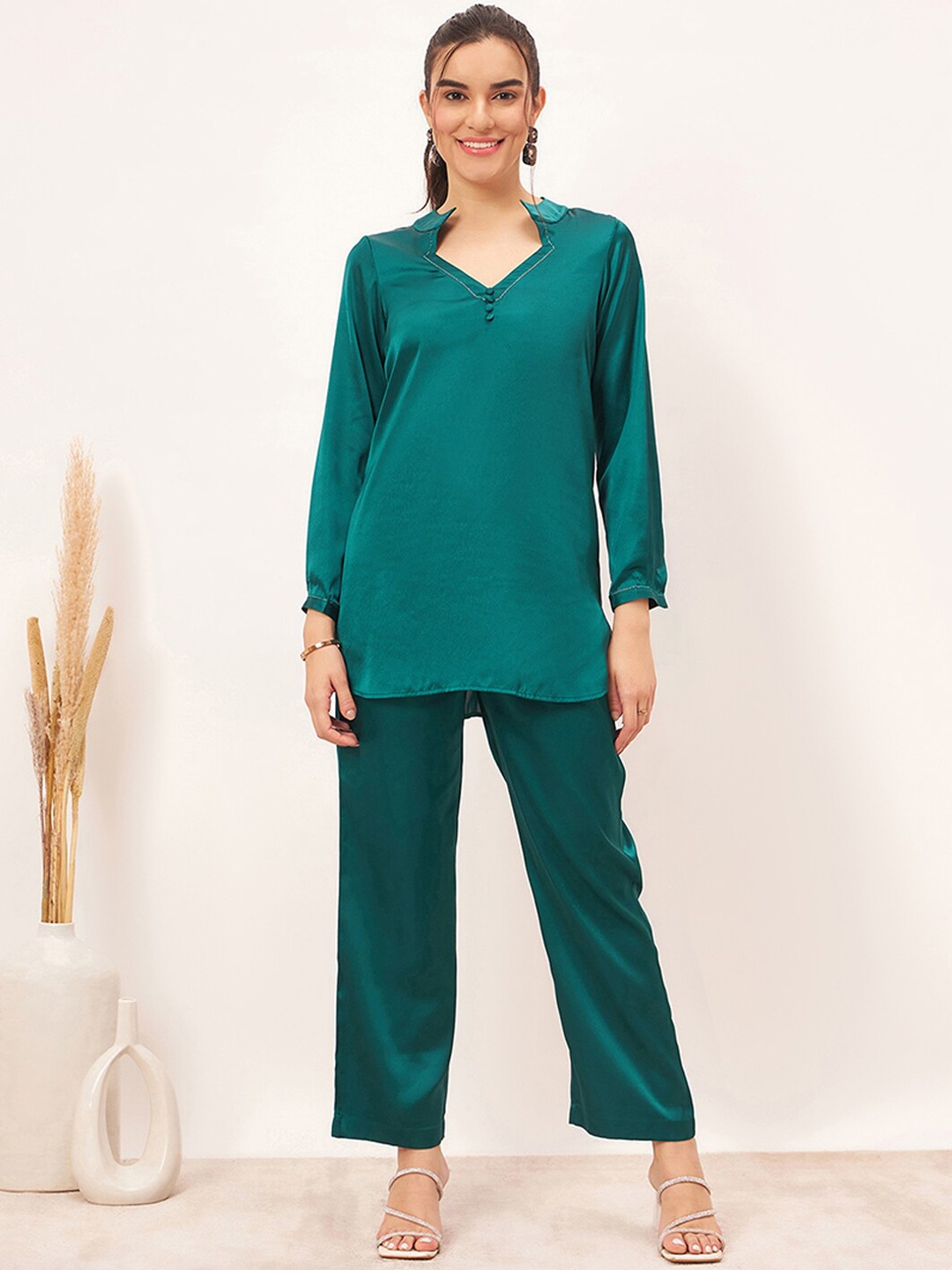 

First Resort by Ramola Bachchan Mandarin Collar Tunic & Trouser, Teal