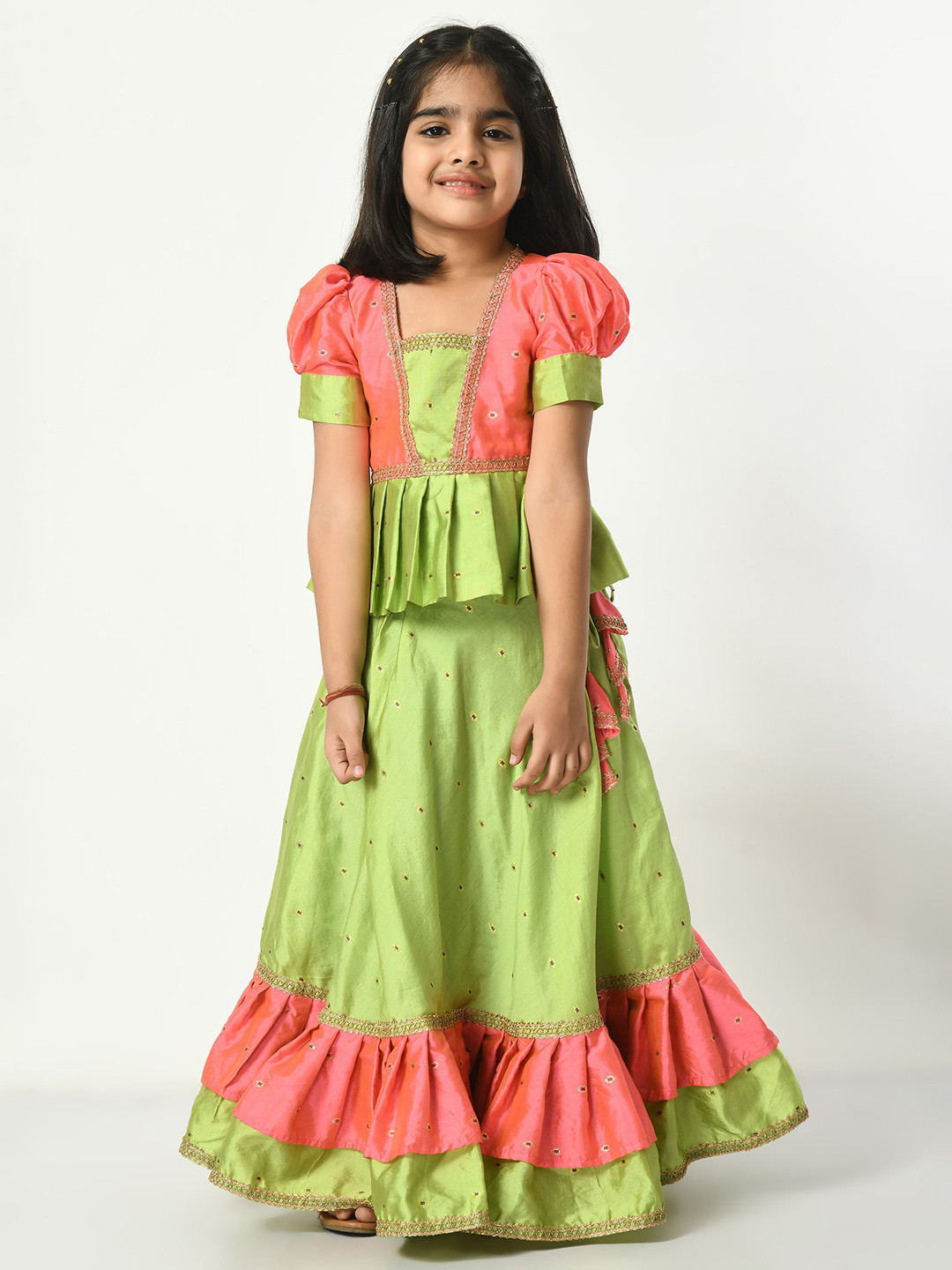 

BAESD Girls Woven Design Thread Work Ready to Wear Lehenga & Choli, Green