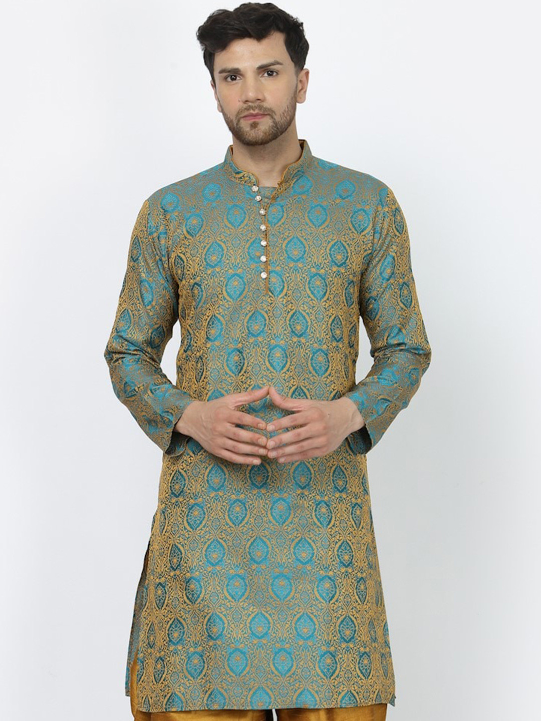 

Sydney Heights Ethnic Motifs Thread Work Mandarin Collar Long Sleeves Straight Kurta, Turquoise blue