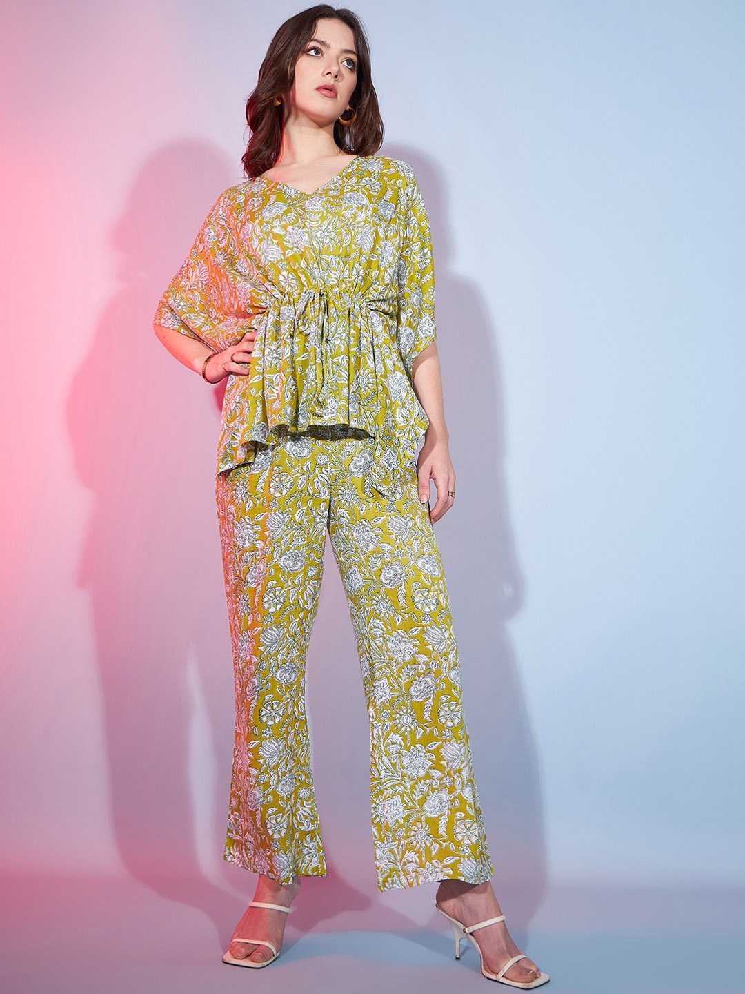 

DressBerry Olive Green Floral Printed V-Neck Kaftan Top With Trouser