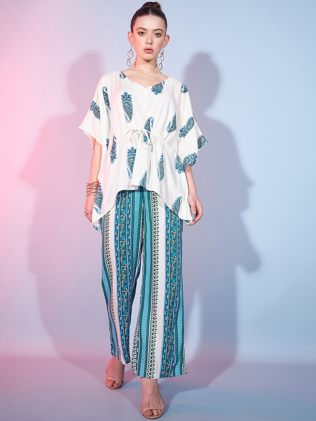 

DressBerry White Paisley Printed V-Neck Kaftan With Trousers Co-Ords