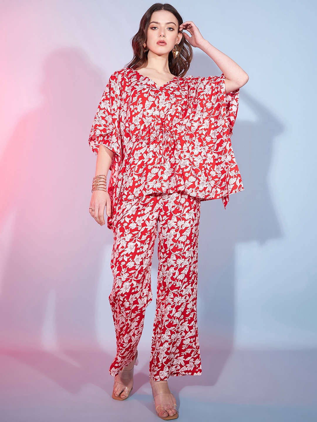 

DressBerry Red Printed V-Neck Kaftan Top With Trouser