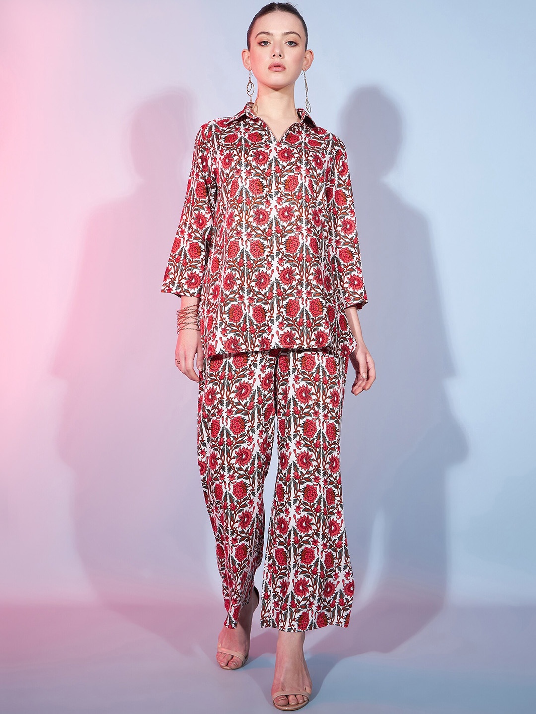 

DressBerry Red Floral Printed Shirt Collar Top With Trouser