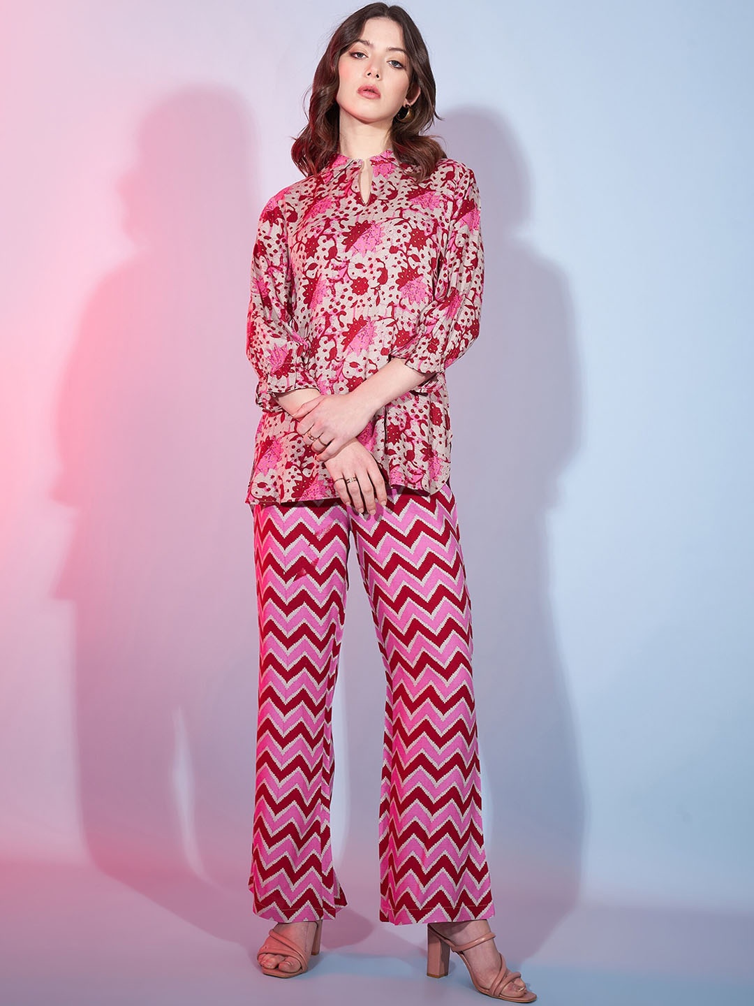 

DressBerry Pink Printed Mandarin Collar Top & Trousers