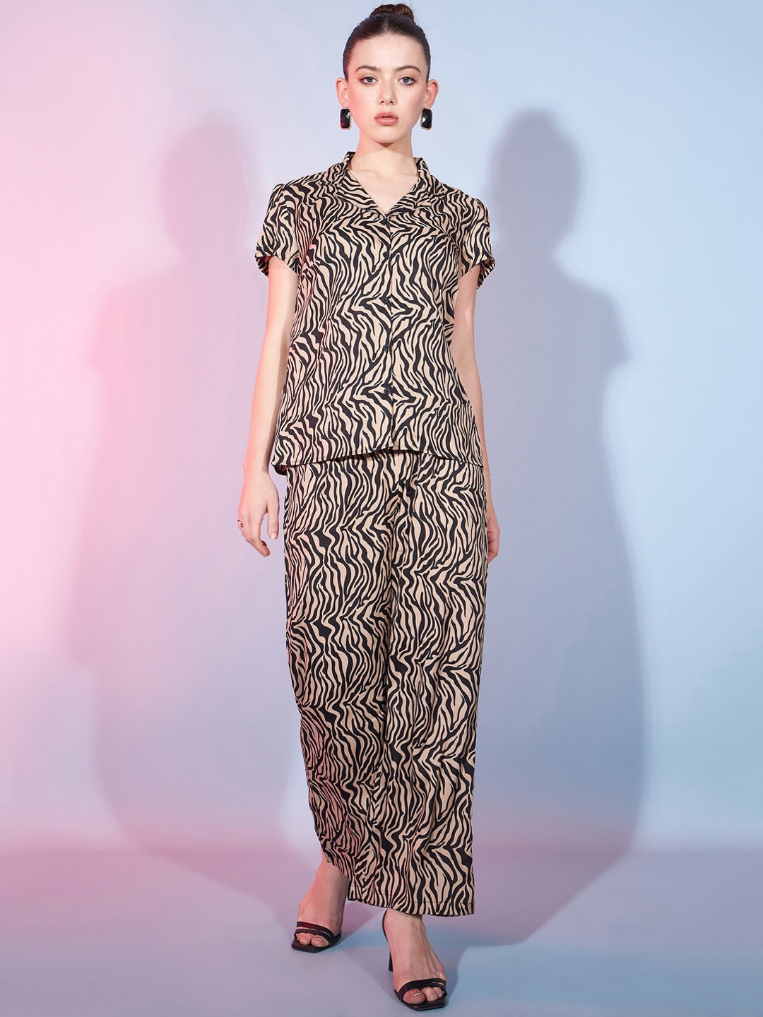 

DressBerry Beige Printed Cuban Collar Shirt & Trousers