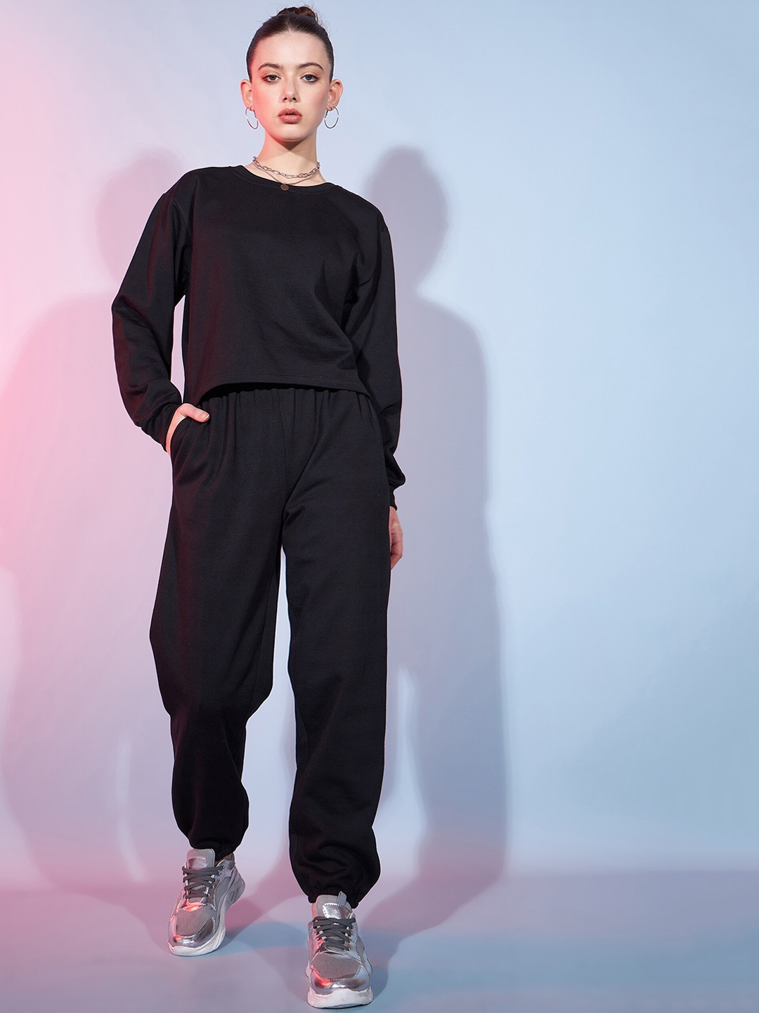 

DressBerry Round Neck Fleece Top With Joggers Co-Ords, Black