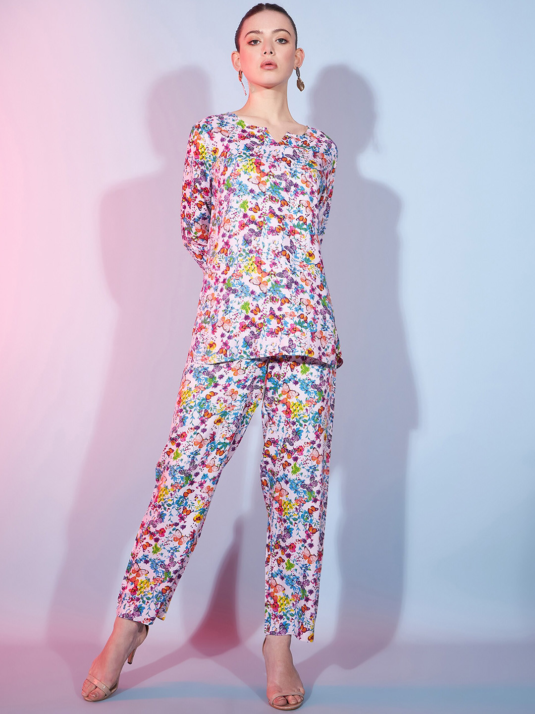 

DressBerry Pink Floral Printed Top With Trousers