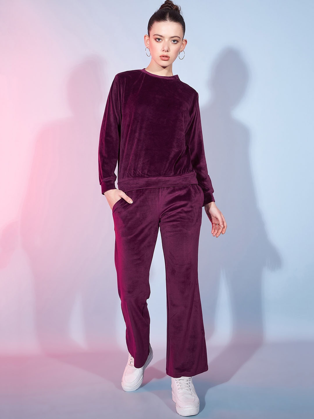 

DressBerry Burgundy Round Neck Velvet Sweatshirt & Trousers