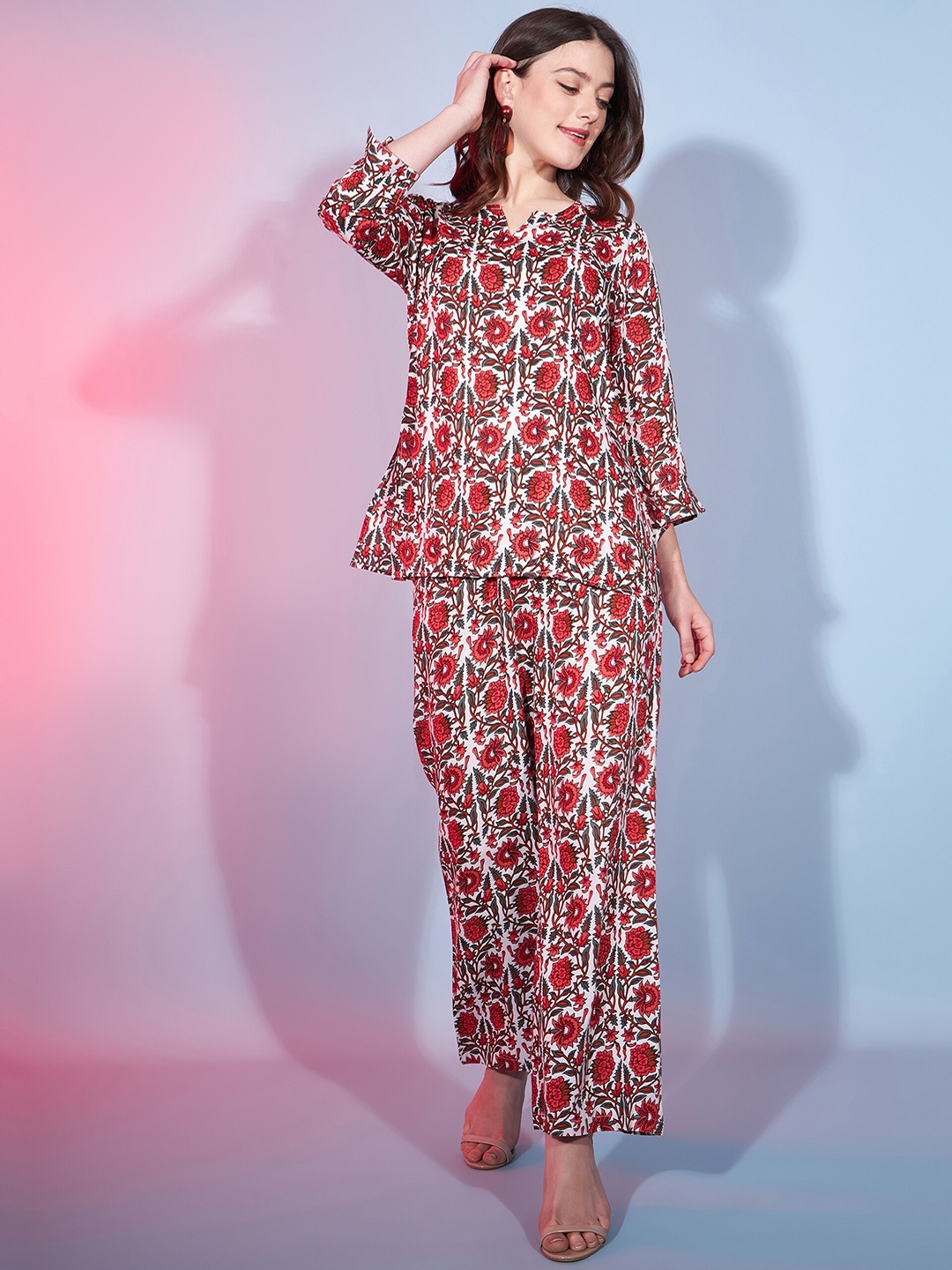 

DressBerry Red Floral Printed Notched Neck Top With Trousers