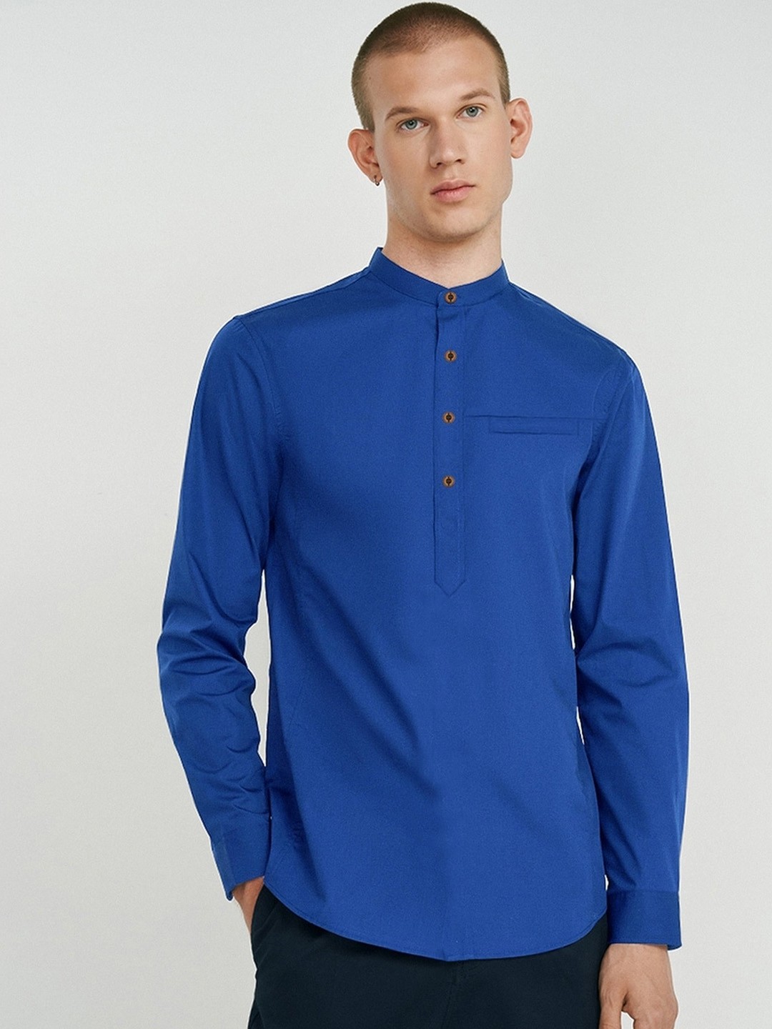 

AVOLT Cotton Mandarin Collar A-Line Kurta, Blue