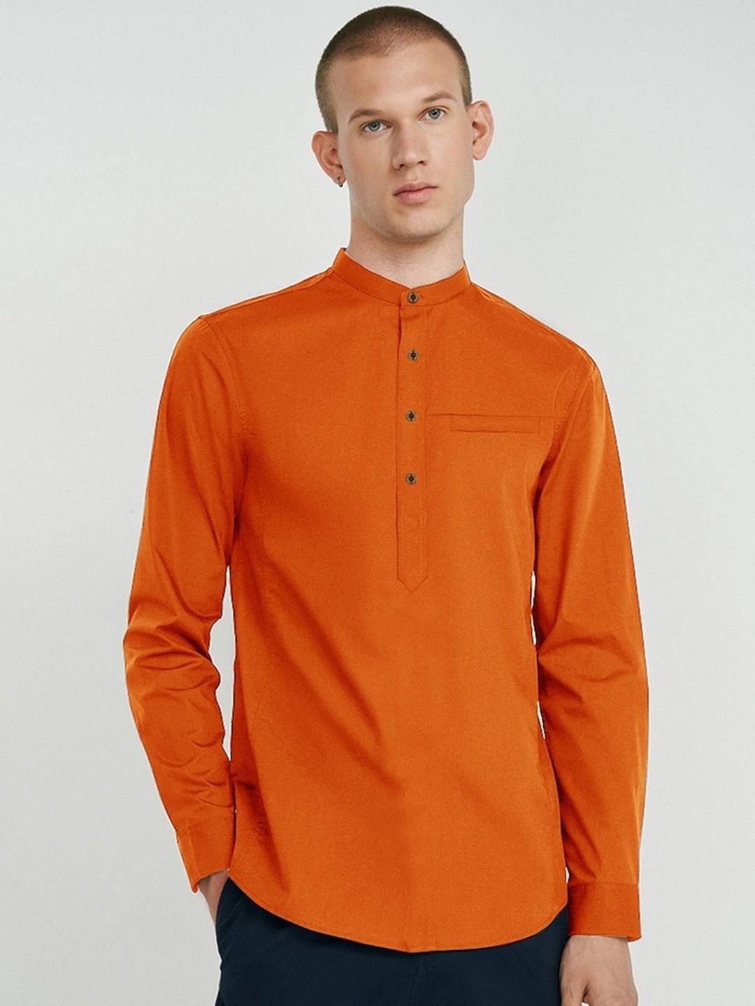 

AVOLT Cotton Mandarin Collar A-Line Kurta, Orange