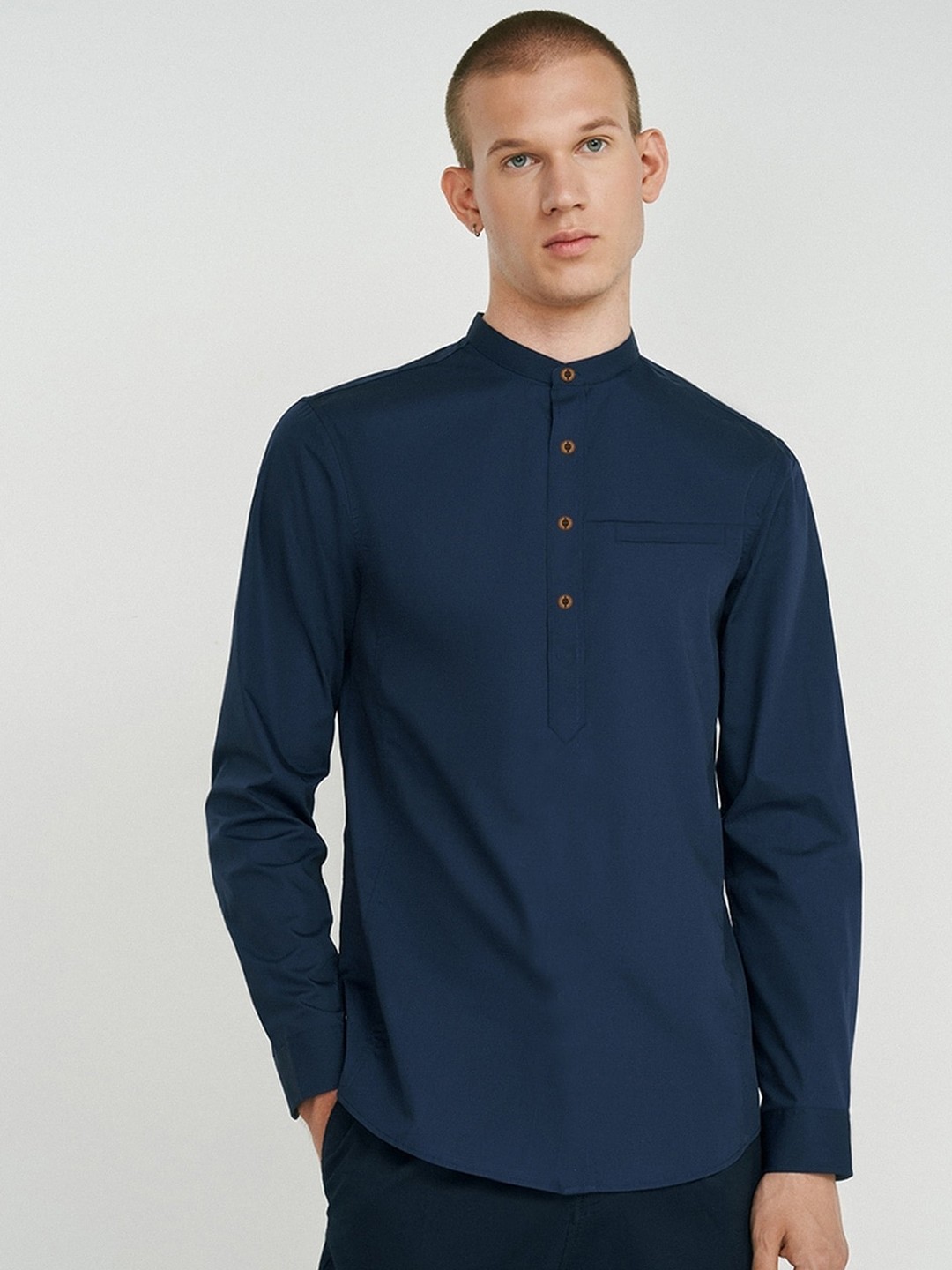 

AVOLT Cotton Mandarin Collar A-Line Kurta, Navy blue