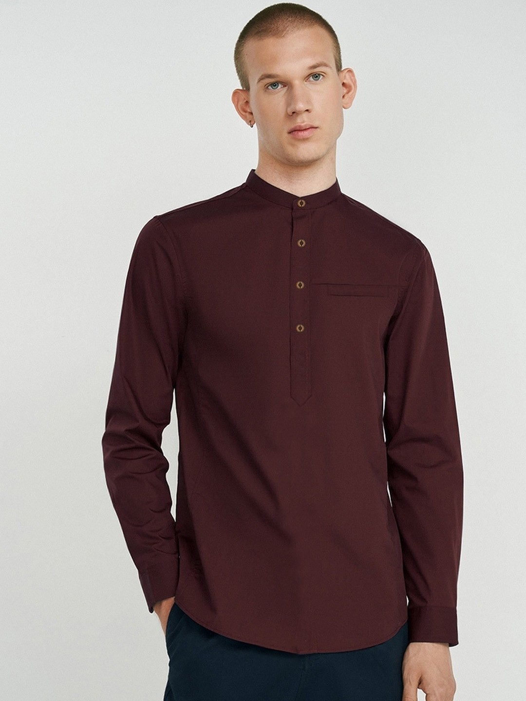 

AVOLT Cotton Mandarin Collar A-Line Kurta, Maroon