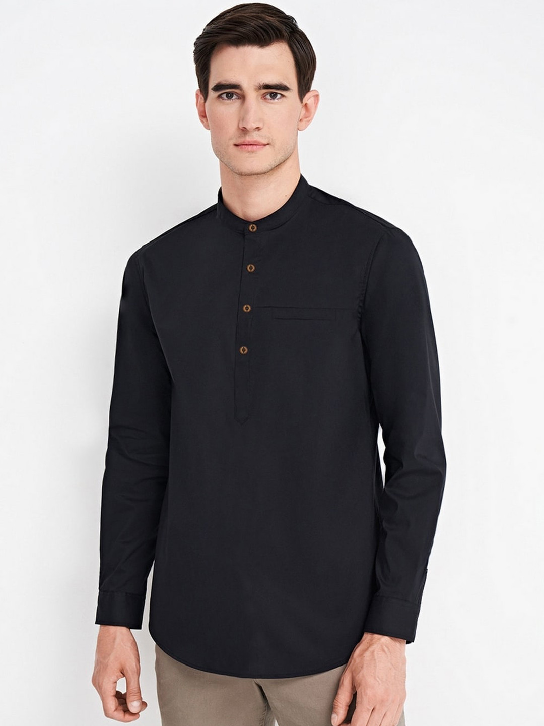 

AVOLT Cotton Mandarin Collar A-Line Kurta, Black