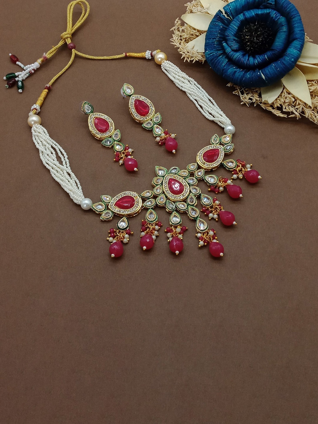 

AASHISH IMITATION Gold-Plated American Diamond Studded & Beaded Jewellery Set, Pink
