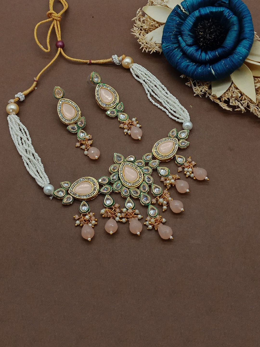 

AASHISH IMITATION Gold-Plated American Diamond-Studded & Beaded Jewellery Set