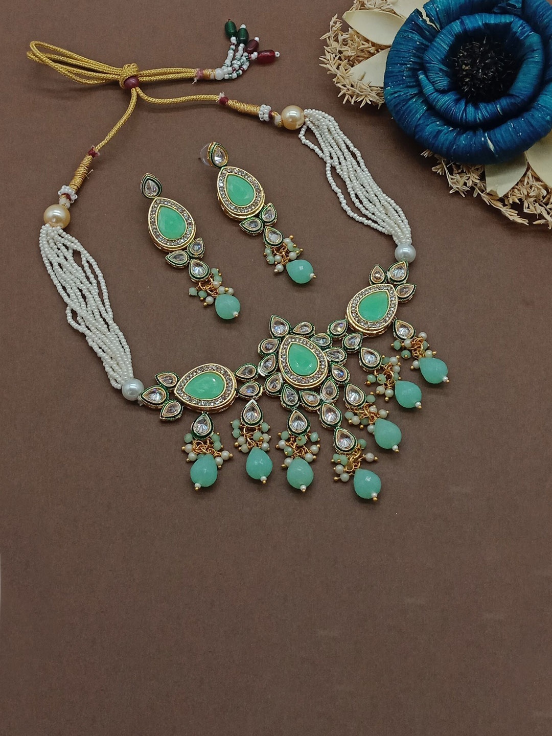 

AASHISH IMITATION Gold-Plated American Diamond-Studded & Beaded Jewellery Set