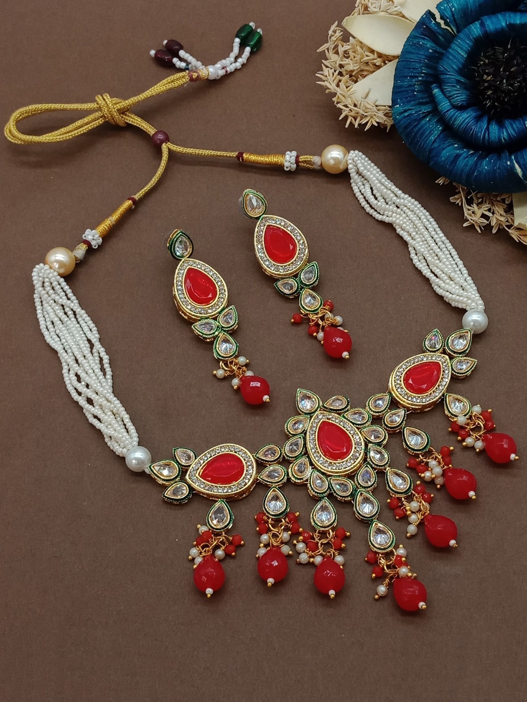 

AASHISH IMITATION Gold-Plated American Diamond-Studded & Beaded Jewellery Set