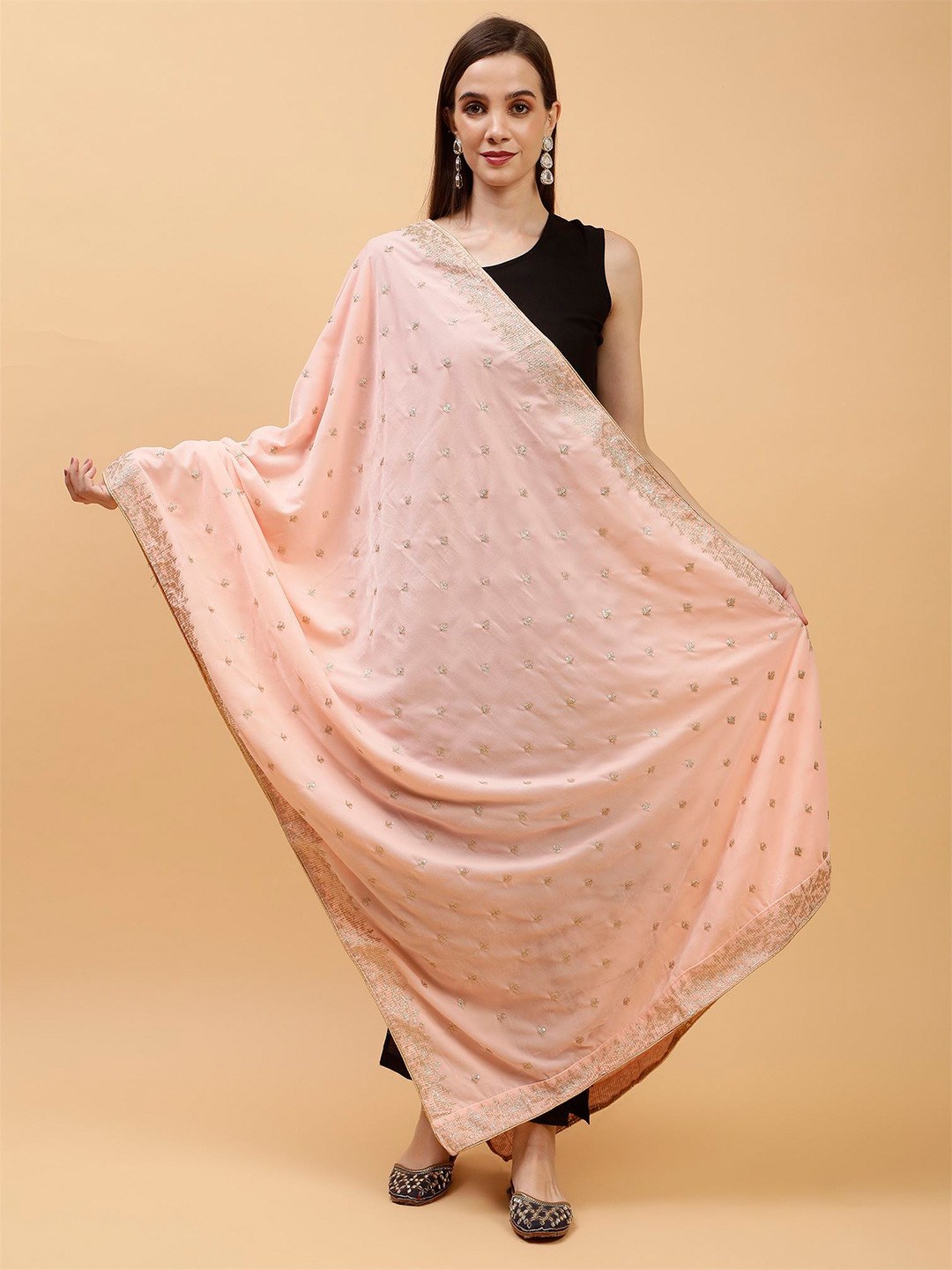 

Moda Chales Ethnic Motifs Embroidered Sequinned Velvet Dupatta, Peach