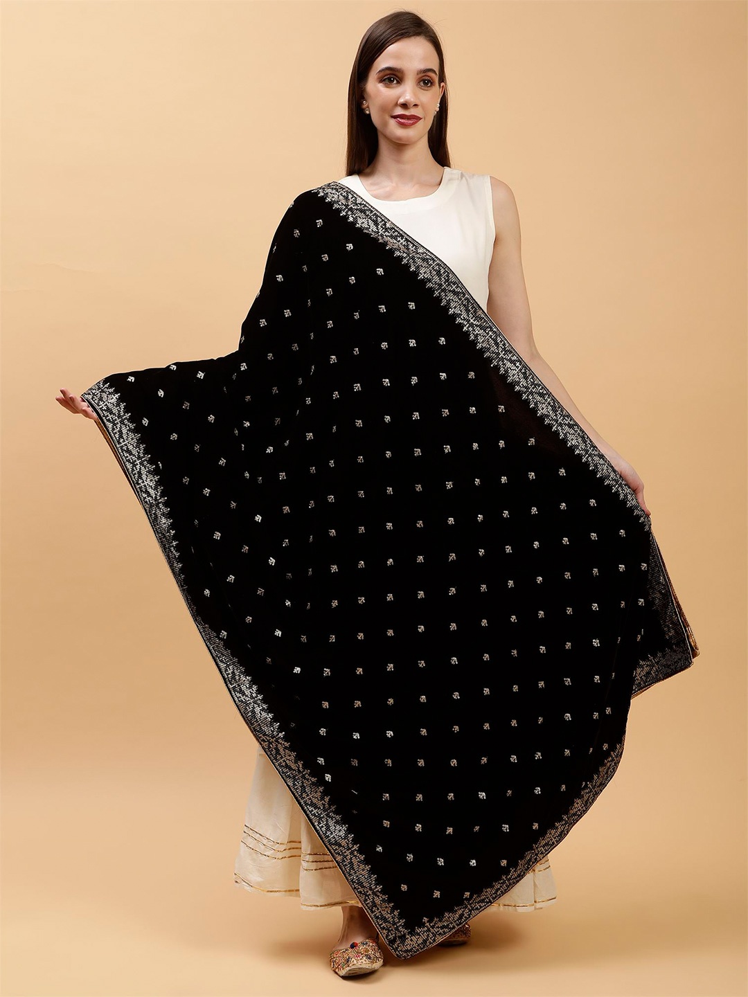 

Moda Chales Embroidered Sequinned Velvet Dupatta, Black