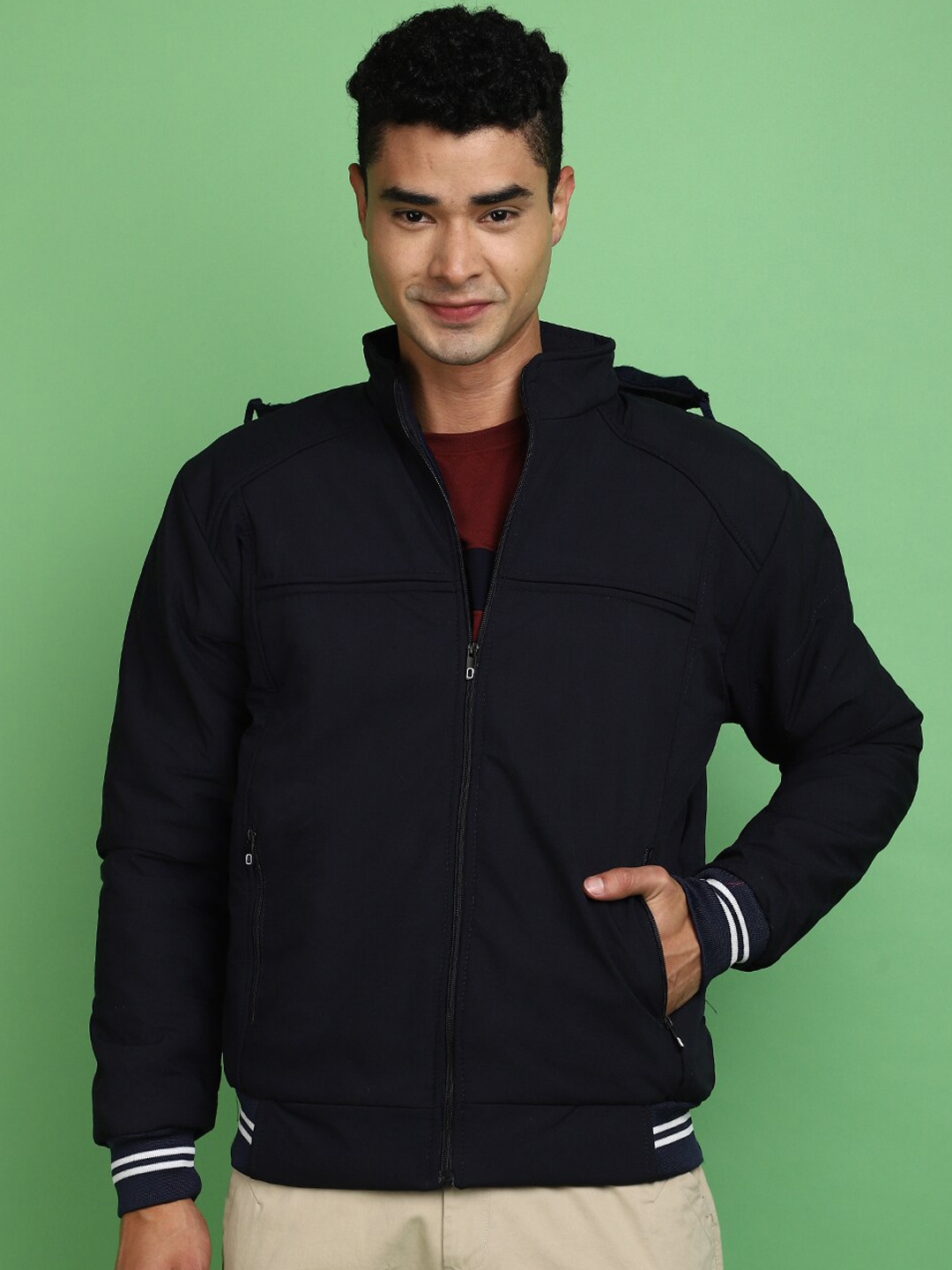

V-Mart Hooded Lightweight Woollen Bomber Jacket, Blue