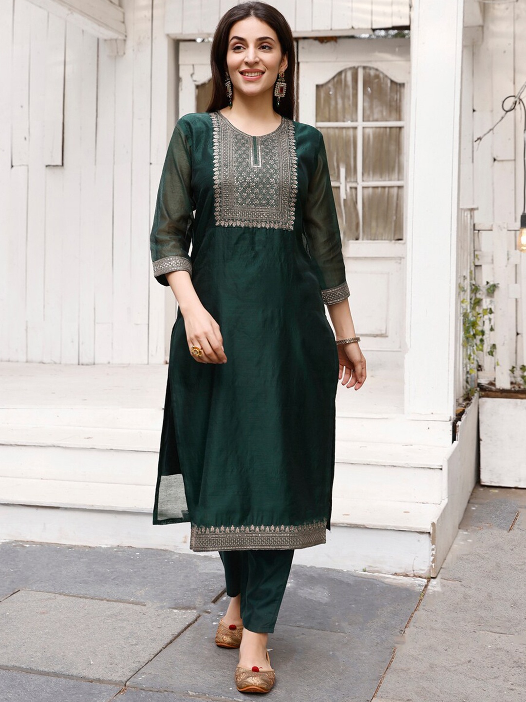 

Modestouze Attires Embroidered Pure Cotton Kurta With Trousers & Dupatta, Green