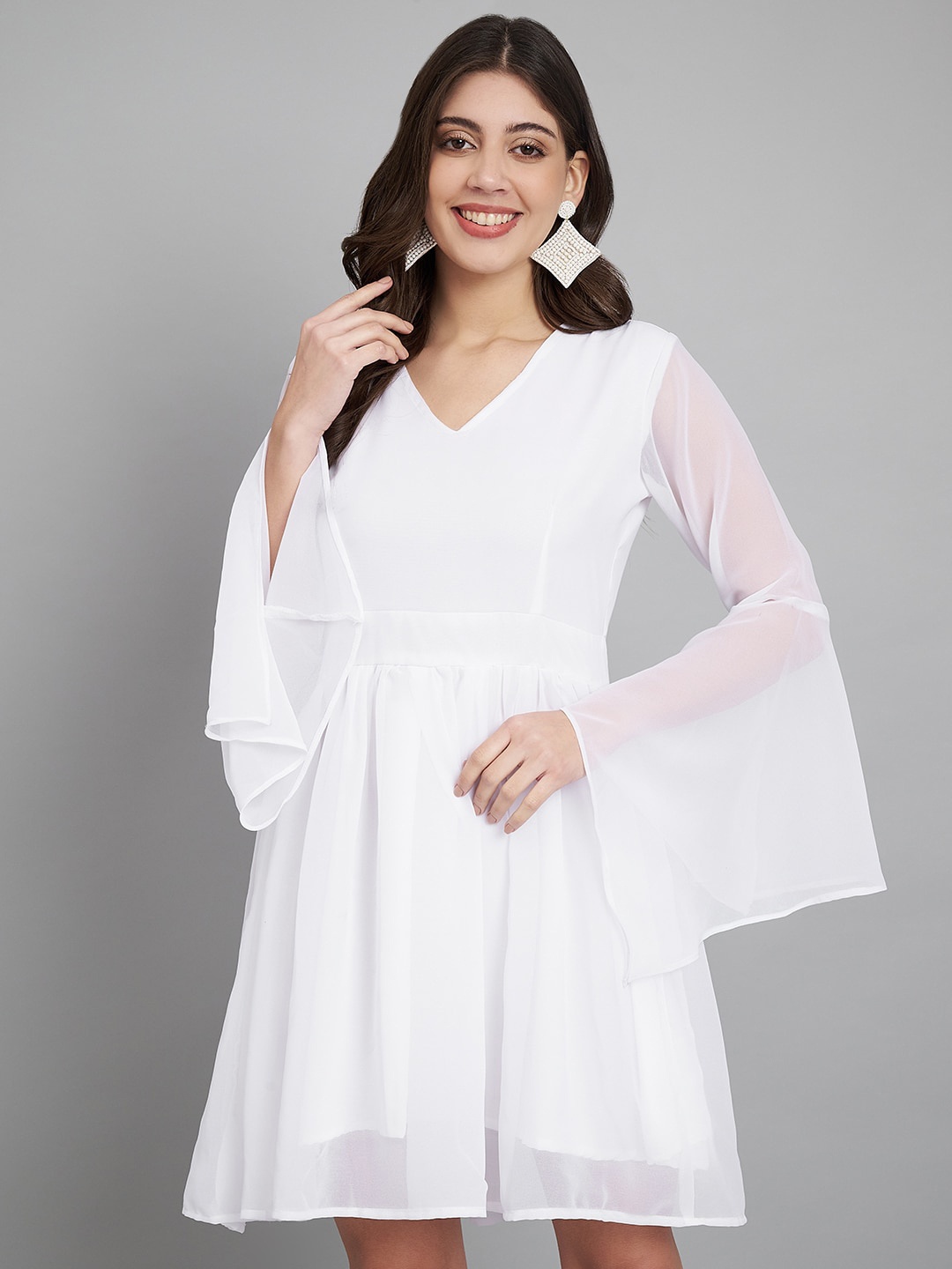 

Modestouze Attires V-Neck Bell Sleeve Fit & Flare Mini Dress, White