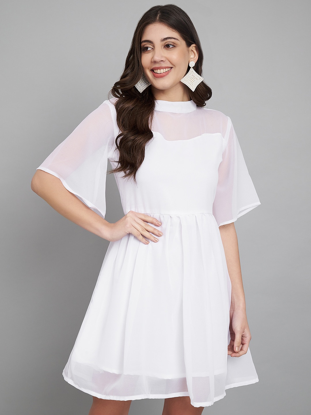 

Modestouze Attires High Neck Flared Sleeve Fit & Flare Mini Dress, White
