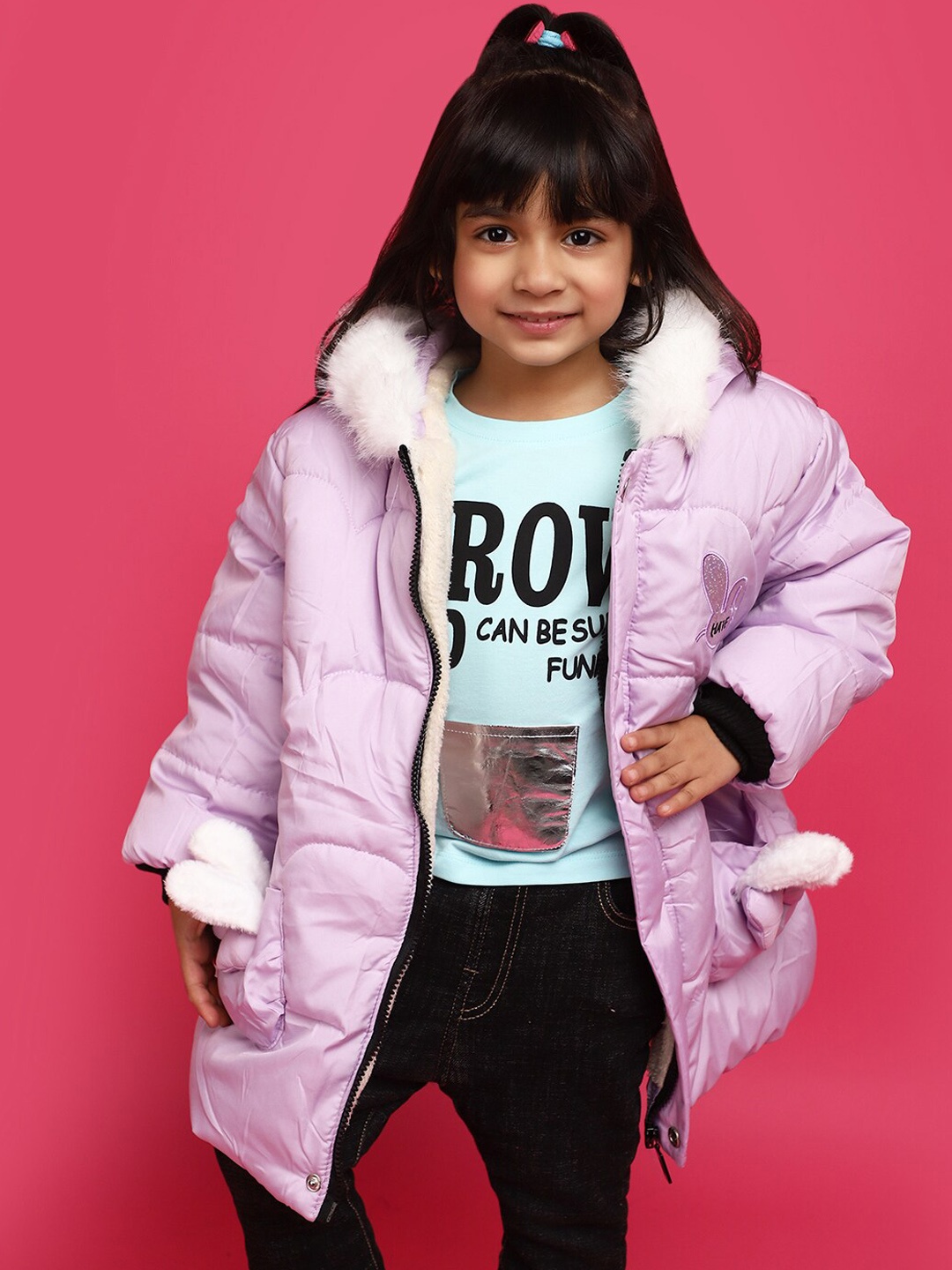 

V-Mart Girls Hooded Lightweight Woollen Puffer Jacket, Purple