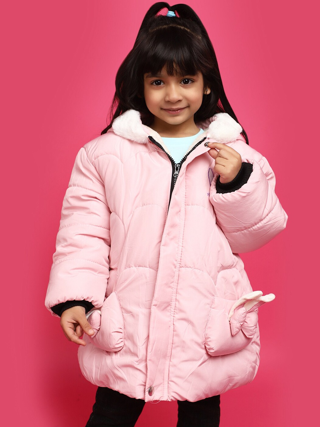 

V-Mart Girls Hooded Lightweight Woollen Puffer Jacket, Pink