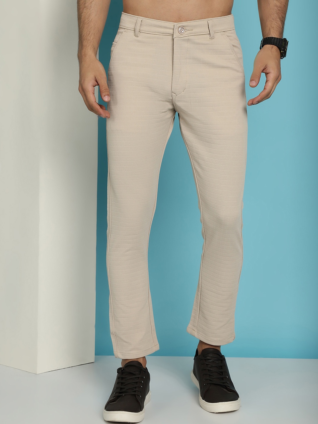 

Indian Needle Men Relaxed Tapered Fit Cotton Chinos Trousers, Cream