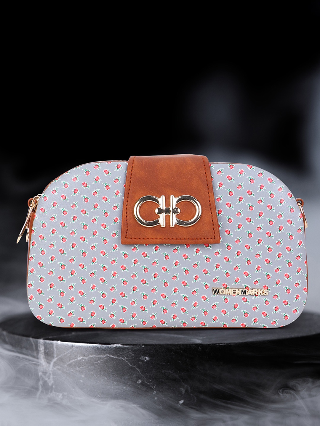 

WOMEN MARKS Floral Printed Structured Sling Bag, Grey