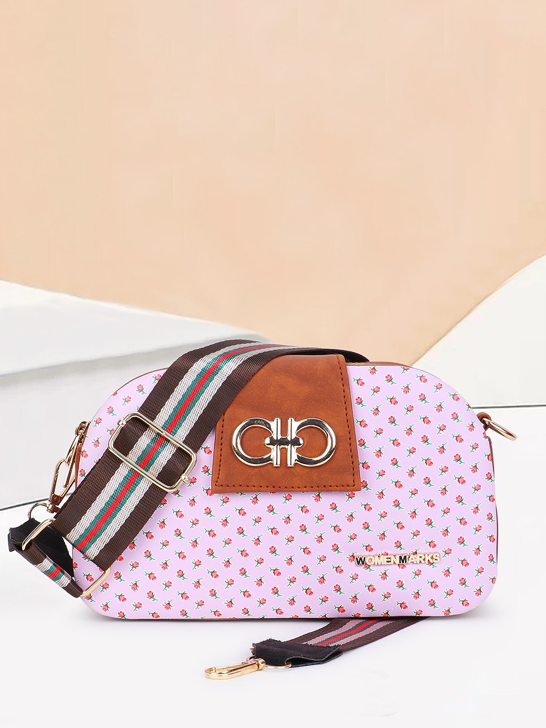 

WOMEN MARKS Floral Printed Structured Sling Bag, Pink