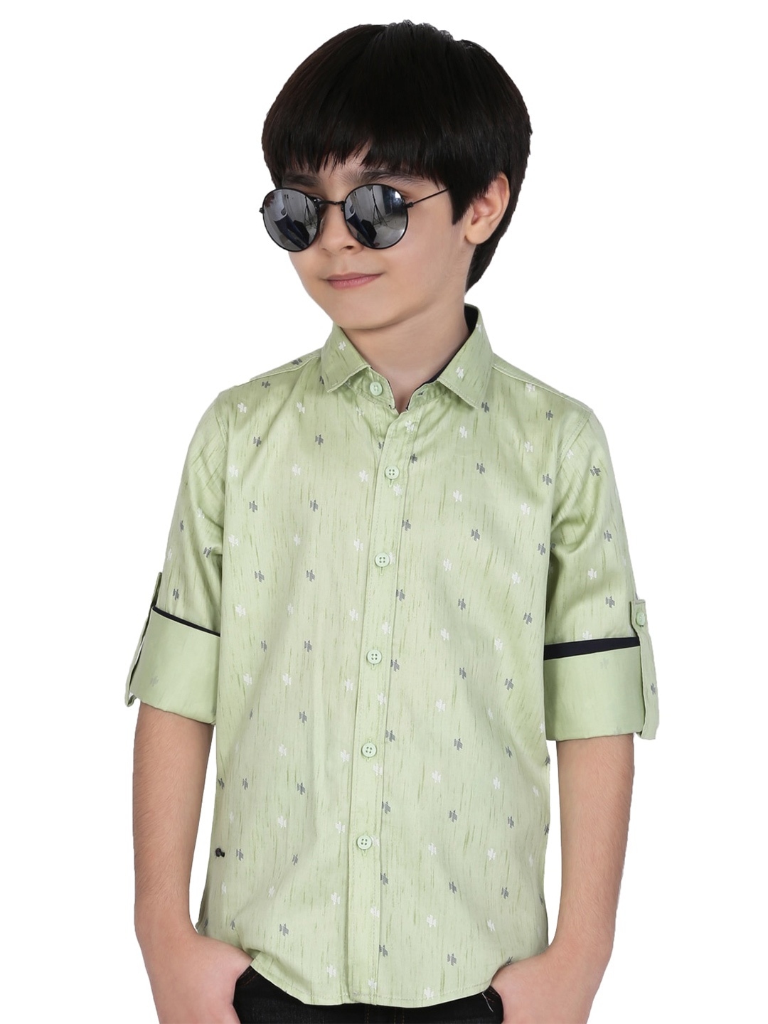 

BAESD Boys Classic Spread Collar long roll-up sleeves Printed Casual Cotton Shirt, Green