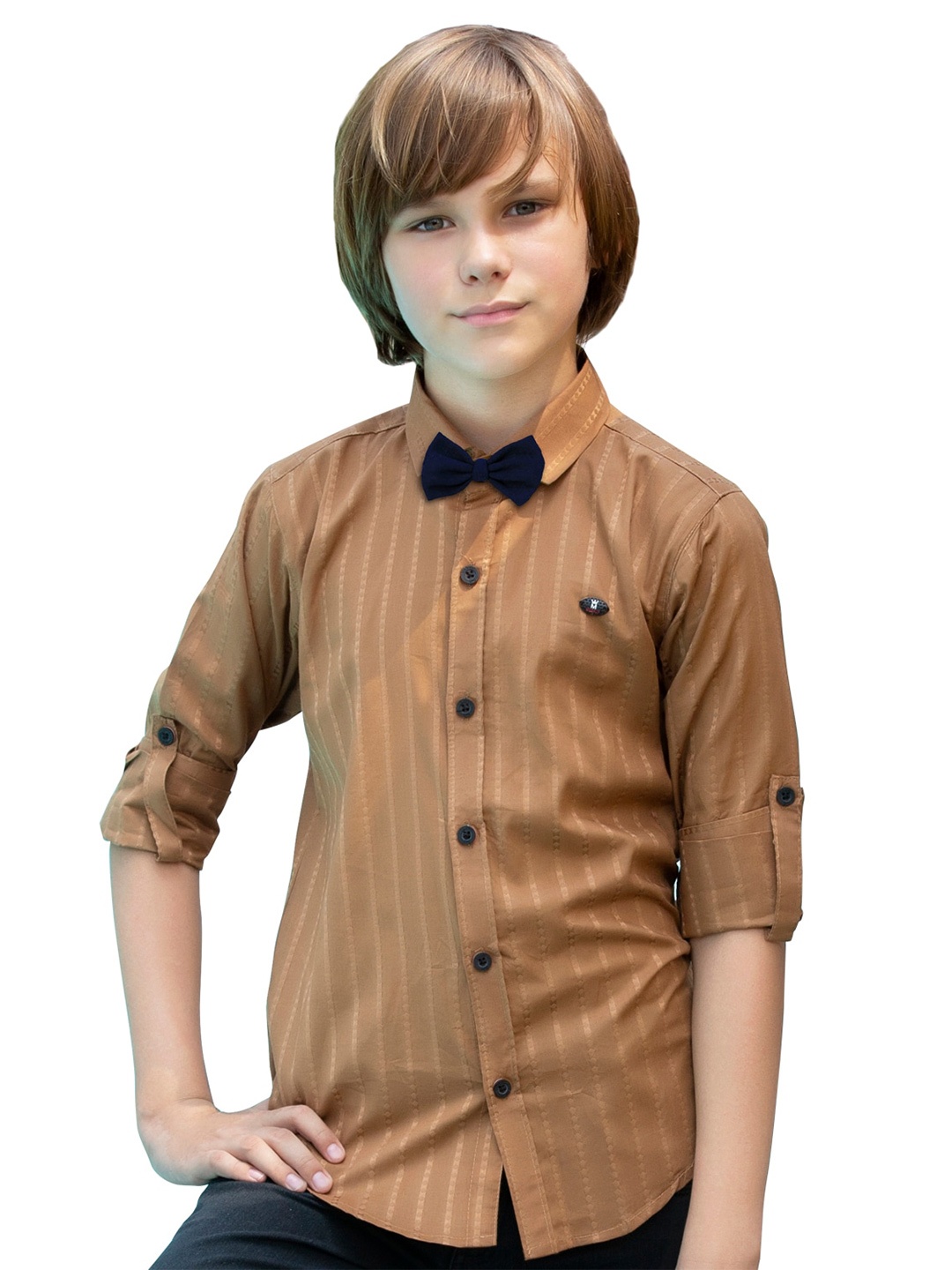 

BAESD Boys Classic Spread Collar Long Sleeves Striped Casual Cotton Shirt, Brown